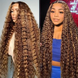 Ombre Lace Front Wig Human Hair Highlight Deep Wave 5x5 Hd Lace Closure Wigs Human Hair 4/27 Colored Glueless Honey Blonde Wig Human Hair Wig Pre Plucked Wet Wavy Curly Wig 180 Density 24 Inch