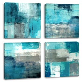 Abstract Wall Art Canvas Turquoise and Grey Abstract Art Painting Canvas Artwork Contemporary Wall Art for Bathroom Bedroom Living Room Kitchen Wall Decor 12" x 12" x 4 Pieces Canvas Prints
