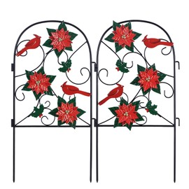 hogardeck Outdoor Christmas Decorations, 2 Pcs Metal Fence Floral Decorative Garden Stakes with Poinsettia Red Birds for Christmas Decor, Yard Signs for Garden Lawn Patio Home