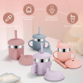 EsOfficce Baby Sippy Cups, 7.4 Oz Sippy Cups, 3 Stages Training Cup, Straw Cup for Infants Toddlers 6-12 Month and Kids 1-3 Year, Stainless Steel Kid Cups with Silicone Straws, 4 Colors B