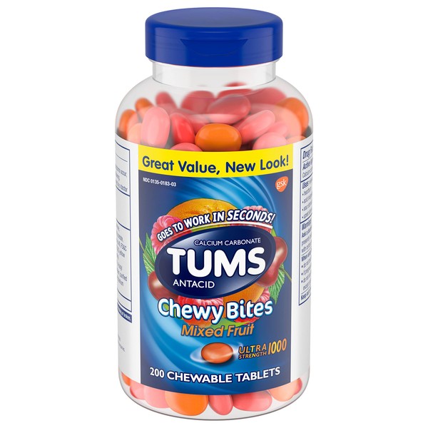 TUMS Antacid Chewable Bites - Ultra Strength Chewable Tablets for Heartburn and Indigestion Relief, Mixed Fruit Flavored. 200 Count Bottle