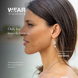 925 Sterling Silver World Map Earrings - Nickel Free and Lightweight - For Travellers Women - Model San Diego, rhodium, Cubic Zirconia