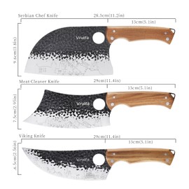 VRUIFA 3 PCS Butcher Knife Set (Serbian, Meat Cleaver, Viking), Hand Forged with Premium Stainless Steel Blades, Ergonomic Wooden Handle Kitchen Knife Set for Home,BBQ, and Camping