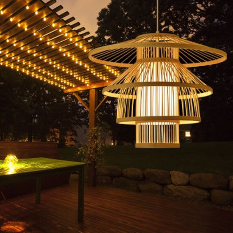 Bamboo Woven Pendant Light Imitation Sheepskin Chandelier Lantern Hanging Lamp