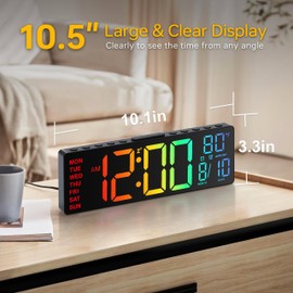 HAITANG 10.5'' Digital Wall Clock with Remote Control, Dual Alarm Wall Clocks for Living Room, Bedroom, Kitchen Decor, 8 RGB Colors Large LED Dispaly, Auto Brightness, Date, Auto DST, Temperature