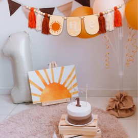 CANTLY Sun First Birthday High Chair Banner - First Trip Around The Sun Birthday Party Decoration Supplies Highchair Wooden Tassel Banner, Sunshine Sign 1st Birthday Anniversary Milestone Celebration Photo Prop Banner