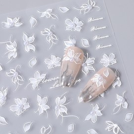 2 Blatt 5D Geprägte Blume Nagelsticker Ausgehöhlt Blumen Nail Sticker Weiß Floral Nageldesign Selbstklebend Nail Art Sticker Dekoration Bohème Perle Blume Aufkleber Nägel Zubehör