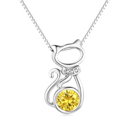 925 Sterling Silver Cute Cat Pendant Necklace with Topaz Birthstone, AOBOCO Jewellery gifts for women girls