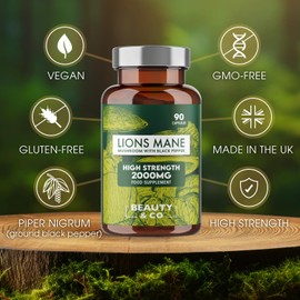 Lions Mane 2000mg with Black Pepper, 90 Capsules - 3 Months Supply of High Strength Lions Mane from Beauty & Co Brand, Vegan, Made in The UK.