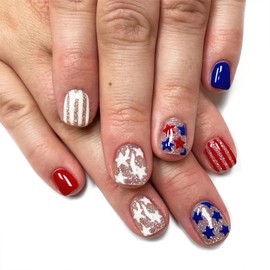 Mkwntg 4th of July Press on Nails Short Square Fake Nails Cute White Star Glue on Nails Glossy Independence Day False Nails with Glitter Design Patriotic Full Cover Stick on Nails for Women 24Pcs