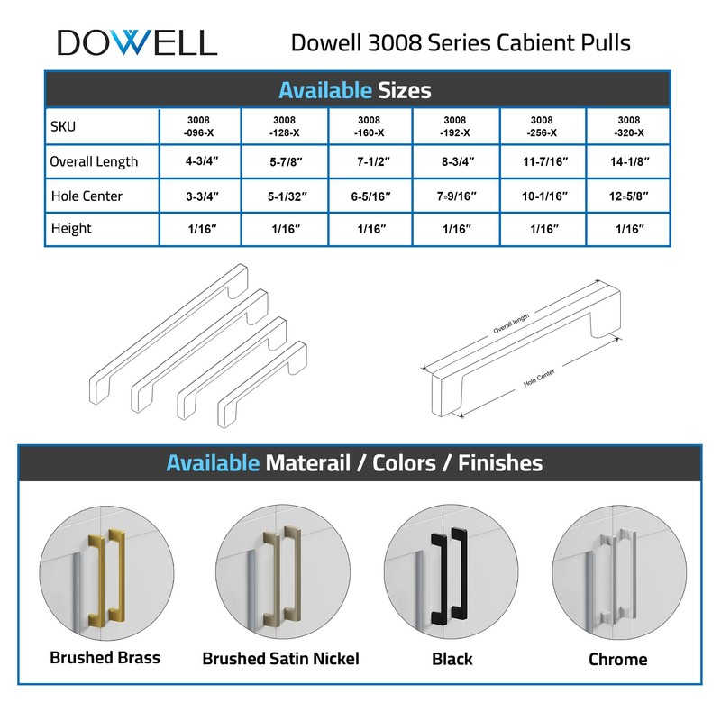Dowell 3008 11-3/8" Slim Square Bar Pulls, 10-1/8“(256mm) Hole Centers,