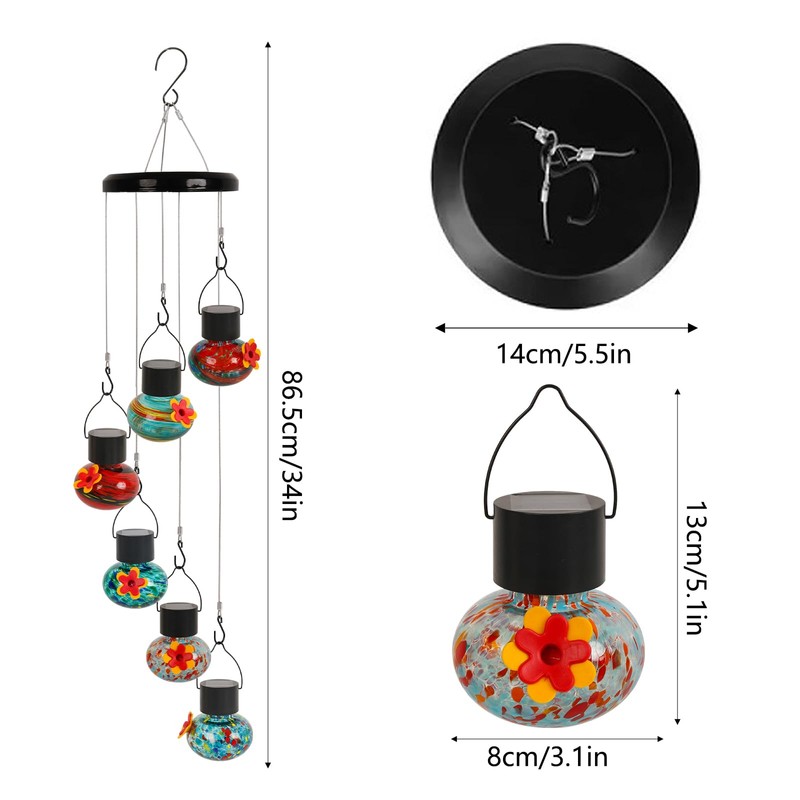 ‌Solar-Powered Hummingbird Feeder with Wind Chime Elegance – 6 Leak-Proof