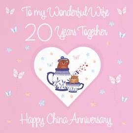 Hunts England - Large Wife 20th Anniversary Card - 20 Years - China Anniversary - Romantic Meadows - Fun Card - Luxury Twentieth Anniversary Card For Wife - 210 x 210 mm