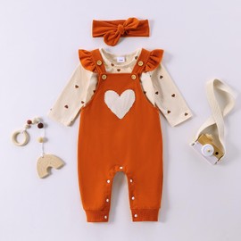 Ysfanwuxi Newborn Baby Girl Clothes Rib Knit Long Sleeve Heart Print Romper Pants Neutral Infant Winter 3PCS Outfits 0-18M (Orange, 6-9 Months)