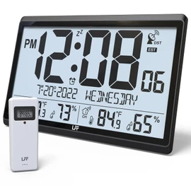 LFF Atomic Clock/Never Needs Setting, Battery Operated, Atomic Wall Clock with Indoor/Outdoor Temperature & Humidity, Wireless Outdoor Sensor, 15" Digital Wall Clock with 4.5" Numbers Easy-to-Read