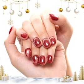 GLAMERMAID Press on Nails Extra Short Squoval, Christmas Handmade Red Cat Eyes Gel Glue on Nail, 24Pcs Glossy Round Reusable UV Finish Fake Nails Acrylic False Nail Manicure Kits for Women
