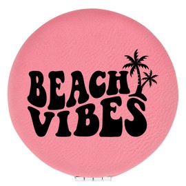Enthoozies Beach Vibes Pink Laser Engraved Leatherette Compact Mirror - Stylish and Practical Portable Makeup Mirror - 2.5 Inch Diameter