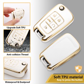 CTRINEWS for Chevy Key Fob Cover with Metal Braided Rope Keychain, Upgraded Soft Key Case for Buick Cruze Equinox Camaro Malibu Impala Spark Sonic GMC (5 Buttons) Key Fob Shell (Gold, A1)