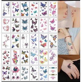 30 Sheets Of Fine Line Temporary Tattoos, Colourful Butterfly Realistic Removable Body Art,100s of Tattoos, Festival Accessories