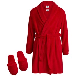 Sleep & Co Girls' Bathrobe Set - 2 Piece Soft Cozy Plush Fleece Bathrobe with Matching Slippers for Girls (Sizes: 5-16), Size 14-16, Red