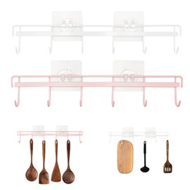 2 Pack Kitchen Adhesive Wall Hooks Rack Rail,Spoon Hanger for Kitchen Hanging Spatulas Measuring Spoons Space Saving No Drilling Hanger with 6 Hooks for Bathroom Bedroom Closet (Pink and White)