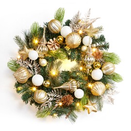 GAOMON Christmas Wreath for Front Door, 24 Inch Outdoor Christmas Wreath, Battery Operated Xmas Wreath with Gold White Ball Ornaments Pine Cones and 20 LED Lights for Home Holiday Decor
