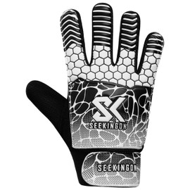 seekingon Soccer Goalie Gloves Youth, Football Goalkeeper Gloves for Kids Boys Youth Children Double Wrist Protection Along 4mm Super Grip Palm (White/Black, Size 5 Suitable for 9-12 Years)