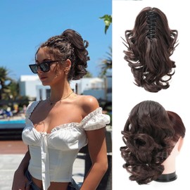 Foaoit Ponytail Extension 10 Inch Claw Clip Short Ponytail for Adults Women Wavy Curly Pony tails Hair Extensiions Fake Clip in Ponytail Hair Pieces for Women Girl Kids with Daily Darkest Brown