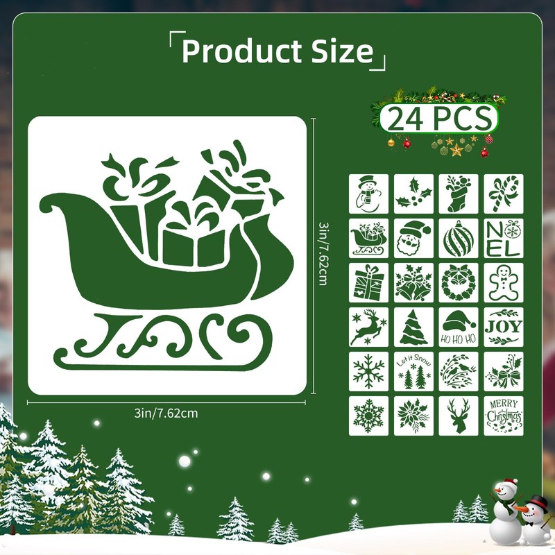 24PCS Christmas Stencils 3 x 3 Inch Reusable DIY Craft