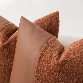 SINYASAN Set of 2 Fluffy Boucle Pillow Covers 18"x18", Rust Red Textured Throw Pillow Covers with Faux Leather Accents, Boho Decorative Pillow Cases for Couch, Bed, or Farmhouse Home Decor