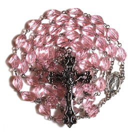 GeekTenet Rosary Beads Chaplet Large Rhombus Artificial Crystal Glass Rosery Cross Catholic gifts (Pink)