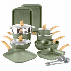 17 Piece Pots and Pans Set Non Stick, Nonstick Induction Granite Kitchen Cookware Sets, Induction Cookware Frying Pans, Nonstick Granite Cooking Set, Pan Sets for Cooking, Green