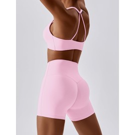 IMEKIS Sports Set Women's Two-Piece Gym Fitness Yoga Clothing Twist Front Backless Sports Bra and High Waist Leggings Short Tracksuit Workout Outfit, pink, S