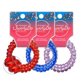 Lindo LARGE SWIRLYDO Premium Waterproof Coil Hair Ties, No Pony Line, No Headaches, No Slip, Strong Gentle Accessory for Women, Multi-colored (3pk - 6pcs total) (Hibiscus Print)