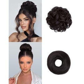 HSLHDI 2PCS Messy Bun Hair Piece-Large Wavy Curly & Donut Updo Hair Pieces Set, Scrunchies Synthetic Chignon Ponytail Extensions Thick Updo for Women（Brown Black）