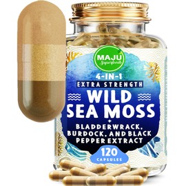 MAJU Wild Irish Sea Moss Capsules (120ct), Stronger Than Gel, 4-in-1 w/Bladderwrack + Burdock Root, Organic, Sebi Inspired, Raw, Seamoss Pills Powder, Wild, 1 Bottle