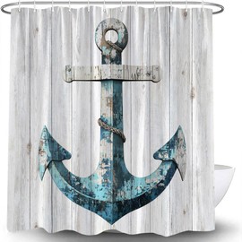 Nautical Anchor Shower Curtain Vintage Ocean Beach Sea Rustic Coastal Teal Blue Mottled Anchor Marine Rustic Retro Grunge Wooden Planks Fabric Bathroom Curtain Set with Hook