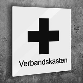 Schild Türschild Erste Hilfe Kreuz Verbandskasten Weiß Matt Selbstklebend UV Druck 12 x 12cm - 3mm Aluverbund - Made in Germany Art.Nr. W 2063