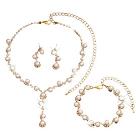 XFSRG Jewellery Sets for Women Pearl Necklace Earrings Bracelet Set with Pearls and Cubic Zirconia Fashionable Elegant Jewellery Bridal Drops, Copper