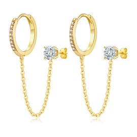 CERSLIMO Gold Chain Earrings for Women - 14K Gold Plated Double Piercings Chain Huggie Hoop & Stud Earrings, Small Dangle Hoops Earrings for Two Holes