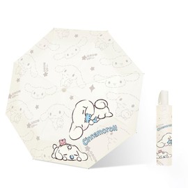 PARTY BUZZ Automatic Windproof Travel Umbrella, Waterproof UV Protection Folding Umbrella, Cartoon Portable Compact Umbrella Easy Auto Open, for Girls and Women (Beige)