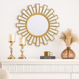 PERHOM Modern Round Sunburst Gold Wall Art Mirror,Decorative Metal Mirror, 23.5"x23.5" Boho Shaped Mirrors Wall Mounted Hanging,for Entryway,Living Room,Bathroom,Fireplace