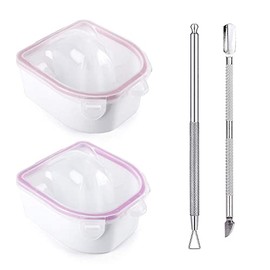 Cuenco de remojo de uñas, 2 piezas de esmalte de gel para remojar en polvo, cuenco de manicura con pelador triangular de cutículas y empujador de cutículas de acero inoxidable (rosa)