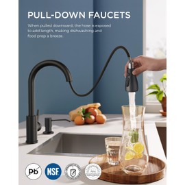 FORIOUS Black Kitchen Faucet with Soap Dispenser, Single Handle Stainless Steel Transitional Sink Faucet with Pull Down Sprayer 1 or 3 Hole, Suitable for Farmhouse Laundry Camper RV Bar