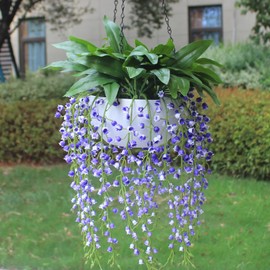 Fake Flowers for Outdoors - 2-Pack UV Protected Artificial Hanging Plants – Purple Lily of The Valley Faux Flowers in Planters for Porch, Garden, Balcony & Indoor Decor