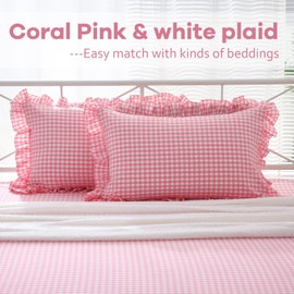 K MASANIJI 2 Pack Coral Pink Plaid Ruffle Gingham King Size Pillow Shams 20x36 inches, Washed Cotton Checkered Cottage Coquette Girls Pillow Covers for Bed/Sofa (20x36 inches, Coral Pink/White Plaid)
