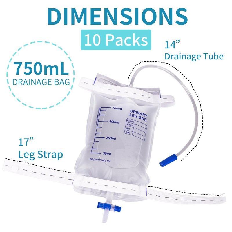 10 Pack Leg Urinary Drainage Bags with Cloth Straps, Anti-Reflux