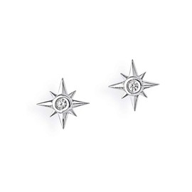 Heartbreaker Wind Rose Stud Earrings in Real Silver Rhodium-Plated / Collection Wind Rose / Maritime Small Stud Earrings Made of 925 Sterling Silver for Women/LD WR 22, Sterling Silver, Cubic Zirconia