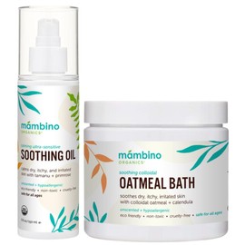 Mambino Organics Calming Skin Set, Oatmeal Bath Soak Powder & Soothing Body Oil, Fragrance-Free with Jojoba & Evening Primrose, Gentle for Babies & Adults, Ultra-Sensitive Skin, Vegan, 11 oz