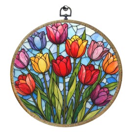 Colorful Tulips Botanical Flower Decor Art Framed Round Wall Decor Canvas Wall Art Hanging Prints Artwork for Home Bedroom Bathroom Farmhouse Birthday Wedding Party Decorations 10.2X10.2 Inch